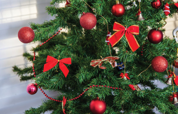 christmas tree decorated with red ribbons and red glass balls