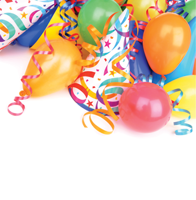 various colored party balloons and ribbons