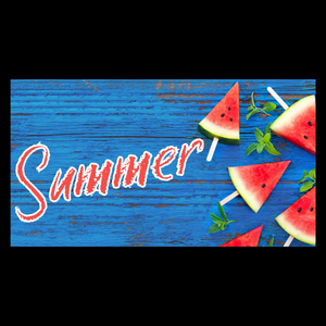 summer image from canva with blue wood background and watermelon pieces on popsicle sticks